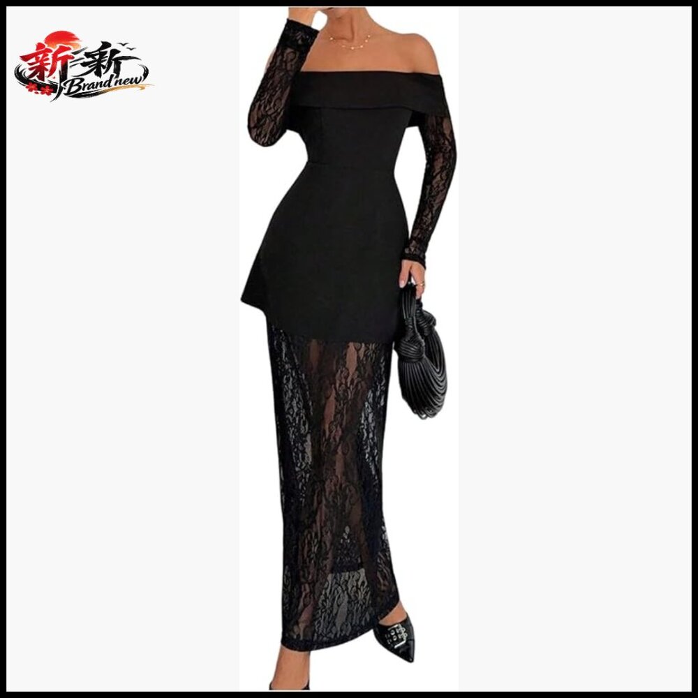 Off Shoulder Lace Sheer Maxi Dress Long Sleeve Bodycon Cocktail Party